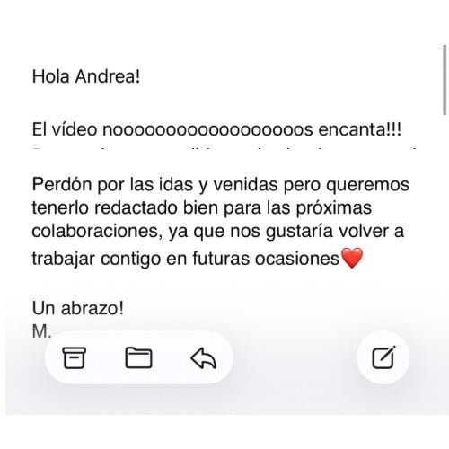 Reseña de una marca sobre el trabajo de Andrea Serrano, creadora UGC
