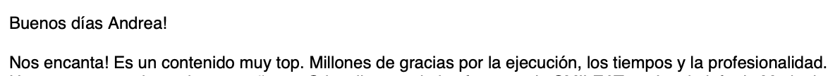 Mensaje de una marca valorando el contenido UGC de Andrea Serrano